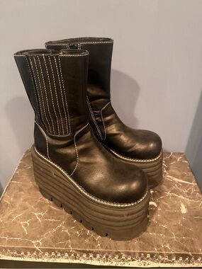 Dolls Kill Black Platform Mid-Calf Boots with Contrast Stitching